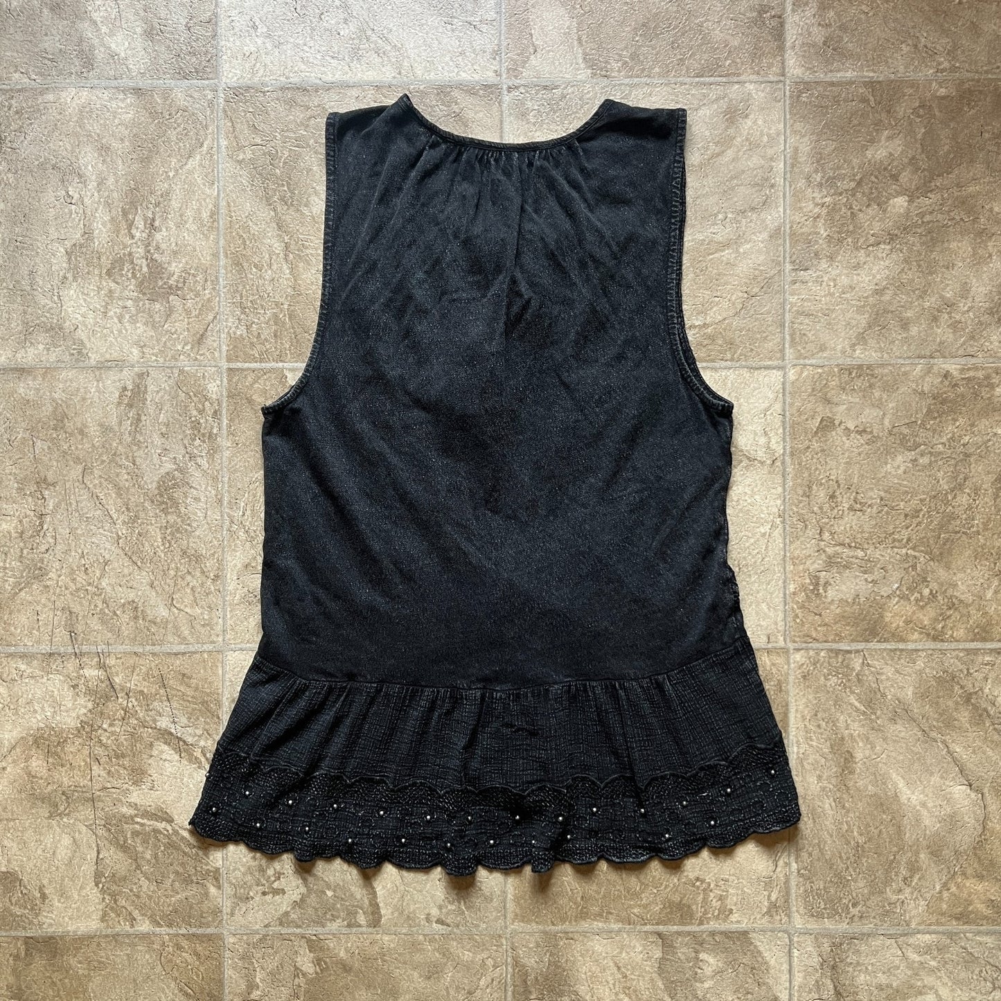 Lucky Brand Womens Beaded Embroidered Tank Top Size XS Black Tassle Tie Front