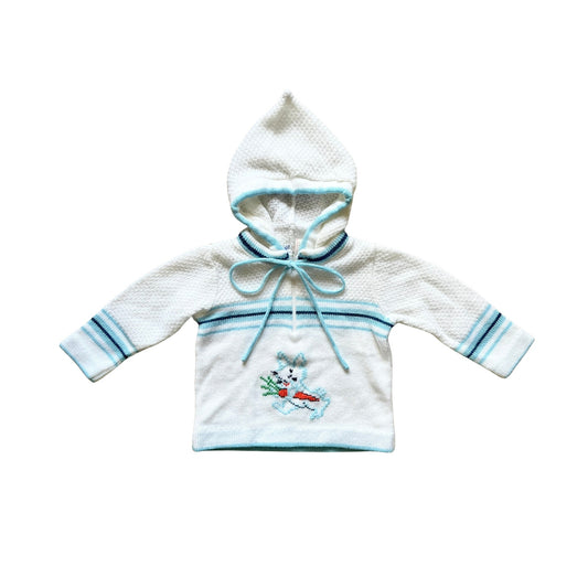 Vintage A Little Angel Baby Toddler Knit Sweater Size 6-9 Months White Blue Rabbit Print 1/4 Zip Hooded Cottagecore Dainty Winter Cozy Animals