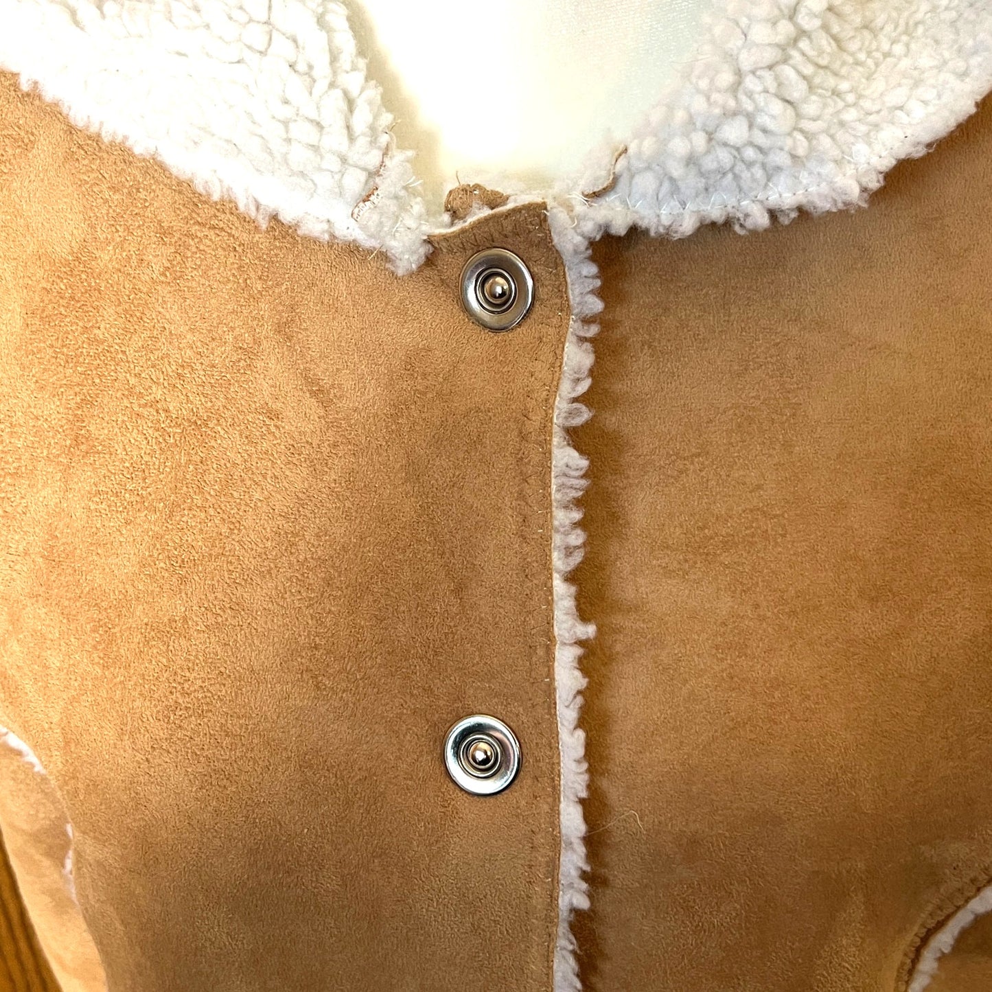 Vintage Y2K Denim & Co Womens Faux Suede Sherpa Vest Size S Camel Brown Hooded Boho Western