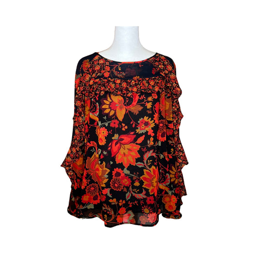 Loft Floral Ruffled Blouse M Black Multi-color Boho Whimsigoth Romantic Hippie