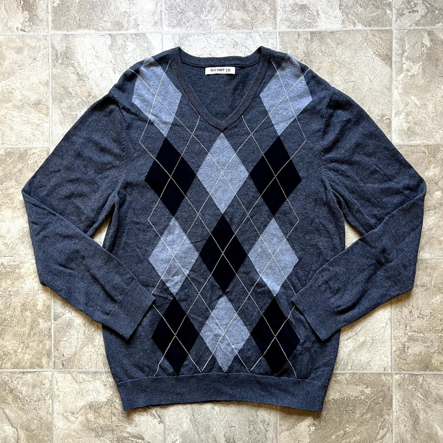 Vintage Y2K Old Navy Mens Sweater XL Gray Argyle Grandpa Preppy Golf Minimalist