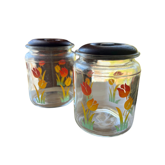 Vtg Anchor Hocking Small Tulip Design Glass Jars Multi-color Cottage Whimsical