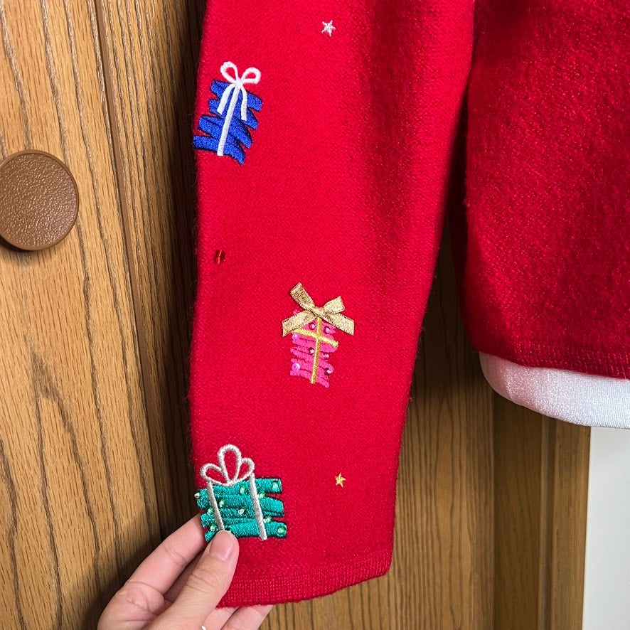 Vtg 90s Karen Scott Christmas Knit Jacket 100% Wool Red Multi-color Embroidered Presents Holiday Teacher Maximalist