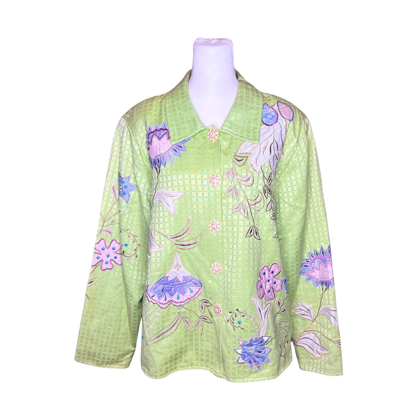 Vintage Embroidered Floral Jacket L Green Embroidered Art to Wear Whimsical Boho