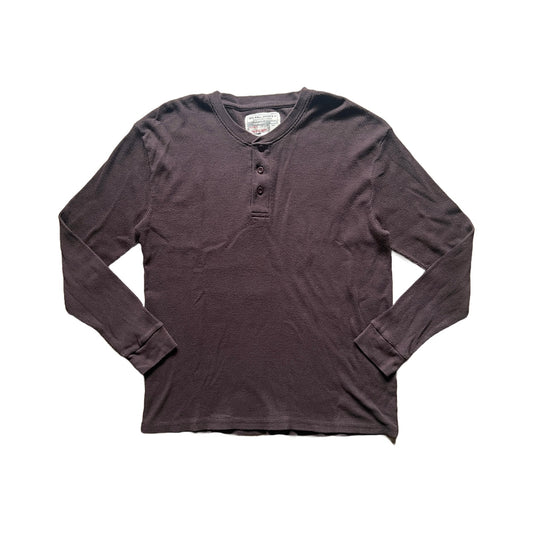 Vintage Y2K Big Ball Sports Mens Waffle Knit Thermal Size L Henley Chocolate Brown