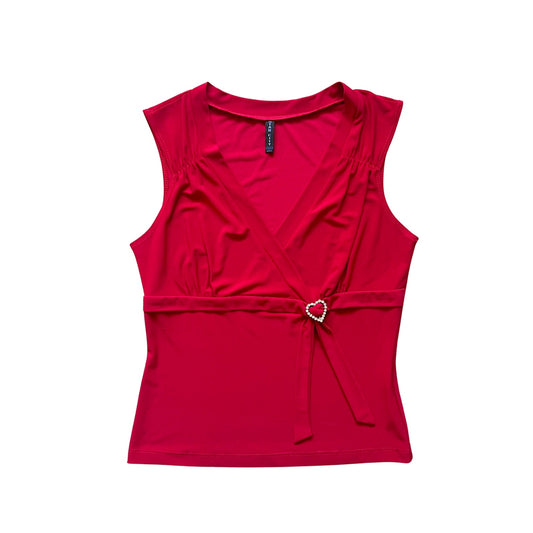 Vintage Y2K Star City Womens Babydoll Tank Top Size L Cherry Red Slinky Rhinestone Heart Clip Romantic