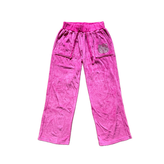 Hello Kitty Womens Tracksuit Pants Size S Hot Pink Velvet Rhinestone Baggy Y2K Kawaii