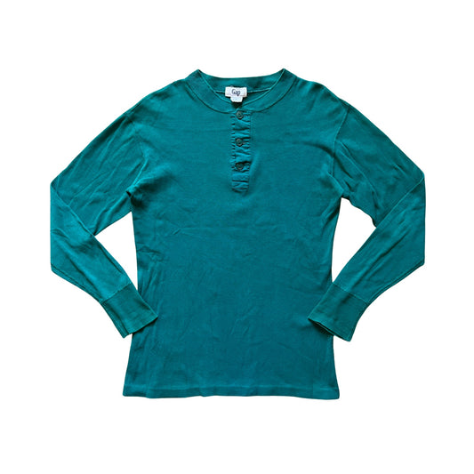 Vintage 80s Gap Mens Henley Shirt Size M Teal Green Fitted Classic Sporty Preppy Skater