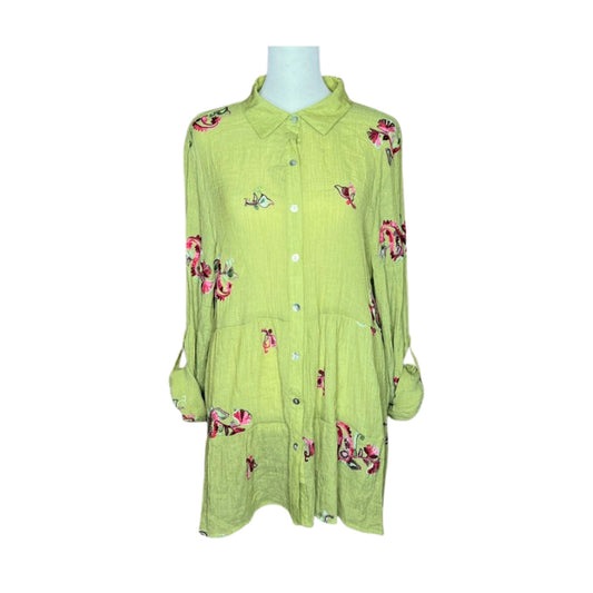 Fig and Flower Tunic Top XL Green Embroidered Flower Boho Whimsical Cottagecore