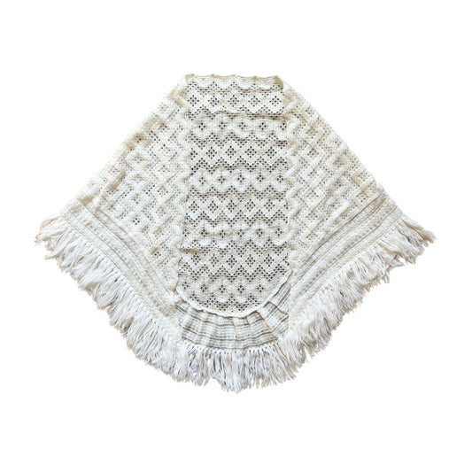 Vintage 70s Specialty House Fashion Womens Knit Shawl White Tassel Western Hippie Cottagecore