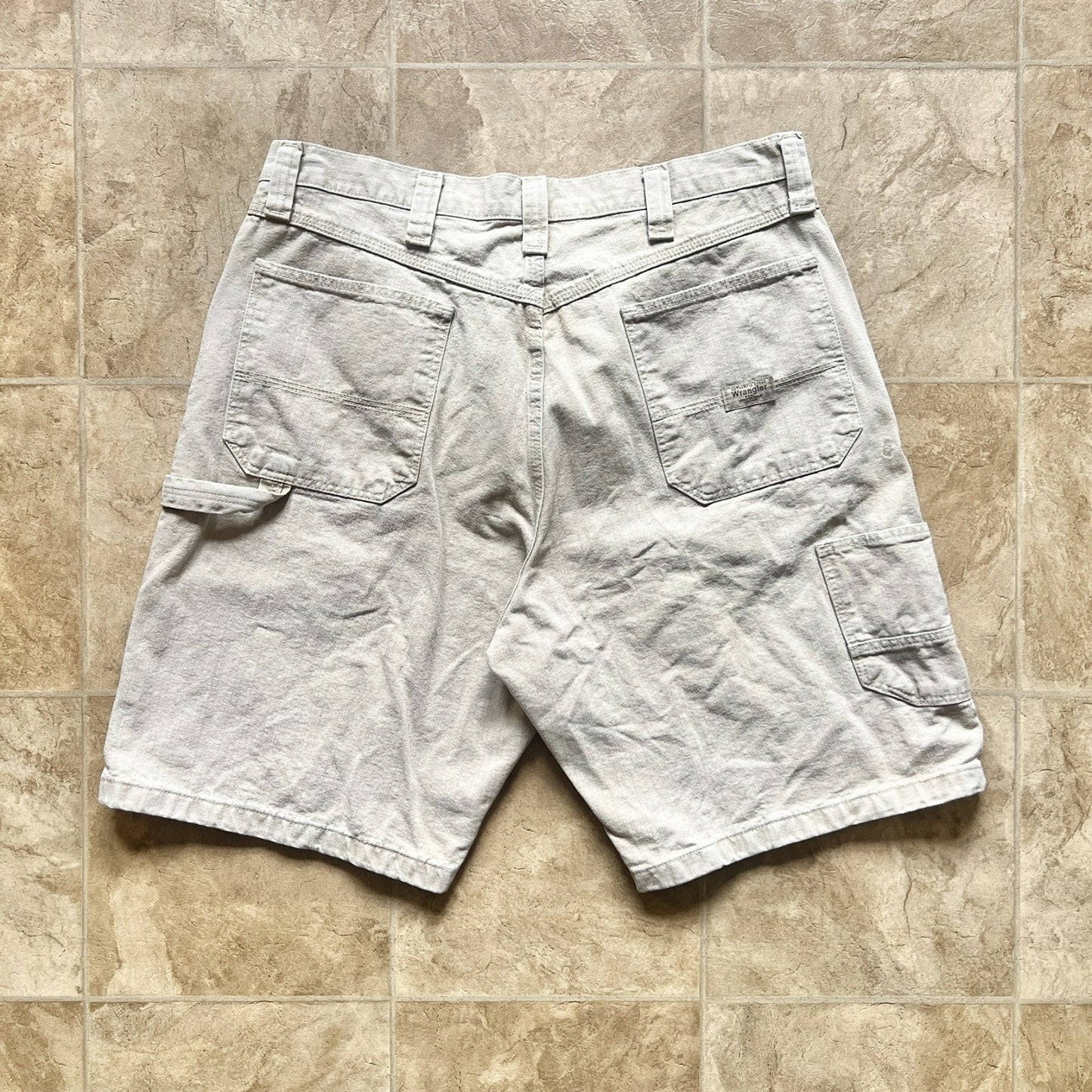 Vtg 90s Wrangler Mens Carpenter Cargo Denim Shorts Beige