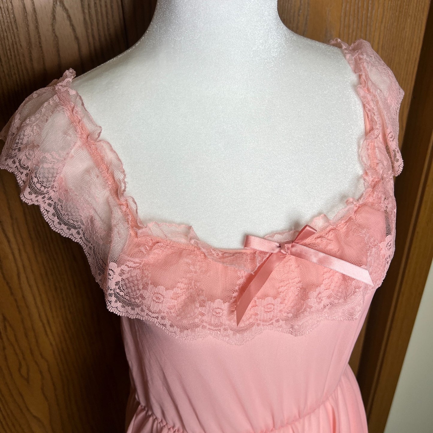 Womens Babydoll Slip Dress L Pink Sheer Lace Bow Coquette Soft Girl Feminine