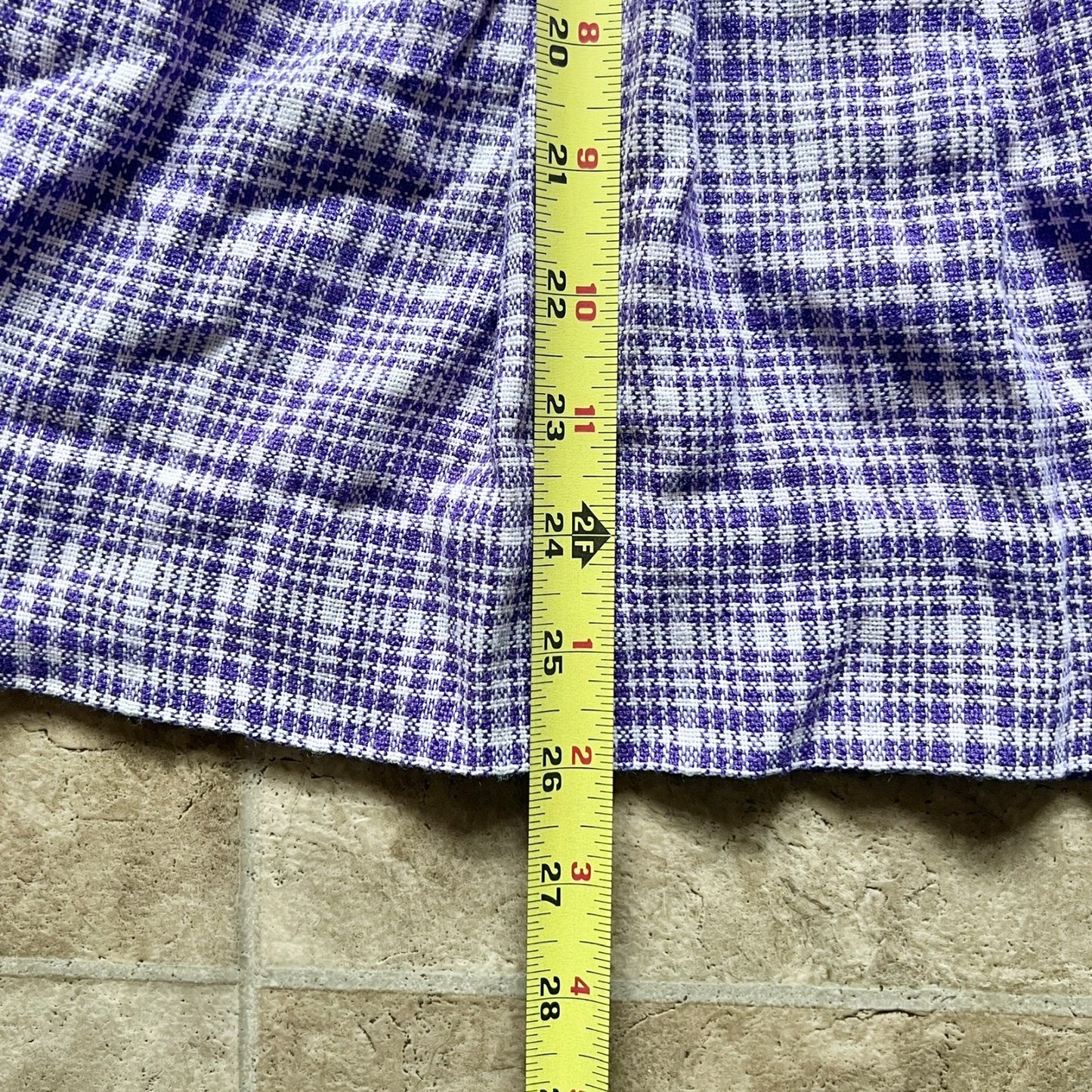 Vintage 70s Girls Purple Plaid Swing Dress Knit Pointed Collar Mod Preppy Academia