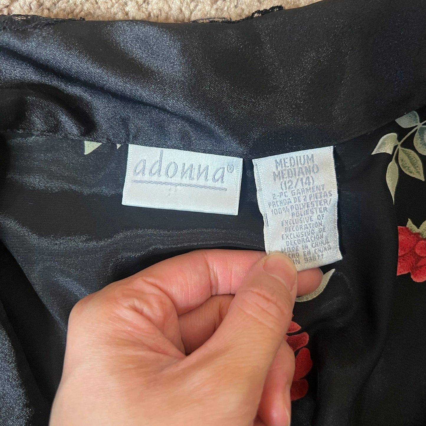 Vtg 90s Adonna Satin Pajama Shirt M Black Red Floral Lace Holiday Feminine Romantic