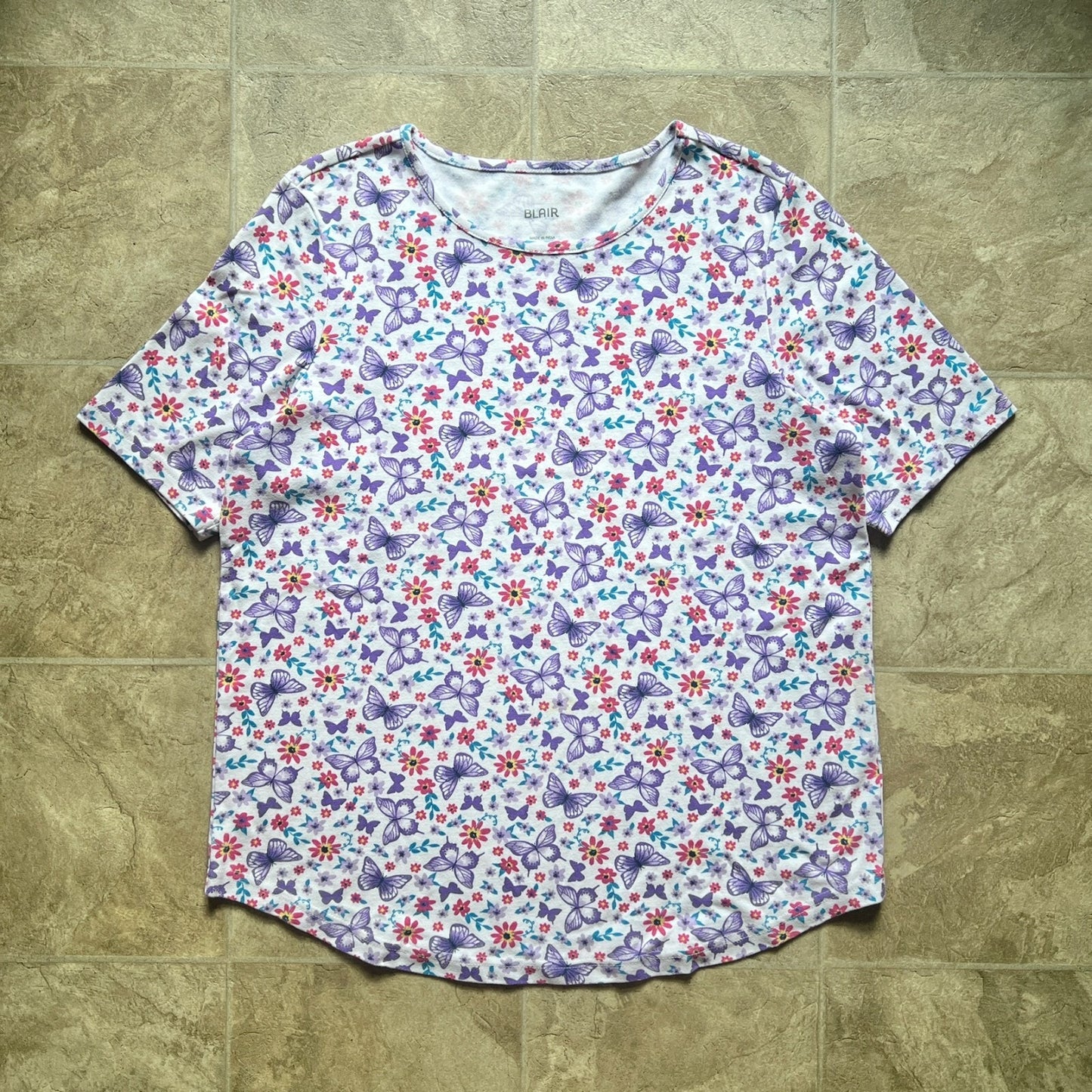 Blair All Over Butterfly Floral T-Shirt Size L Multi-color Whimsical Fairy Garden