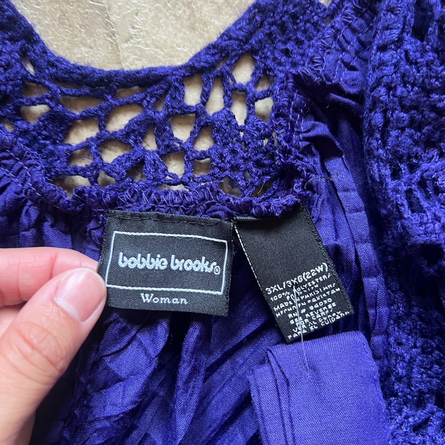 Vintage Bobbie Brooks Maxi Dress 3XL 22W Indigo Purple Crochet Neckline Crinkle Flowy