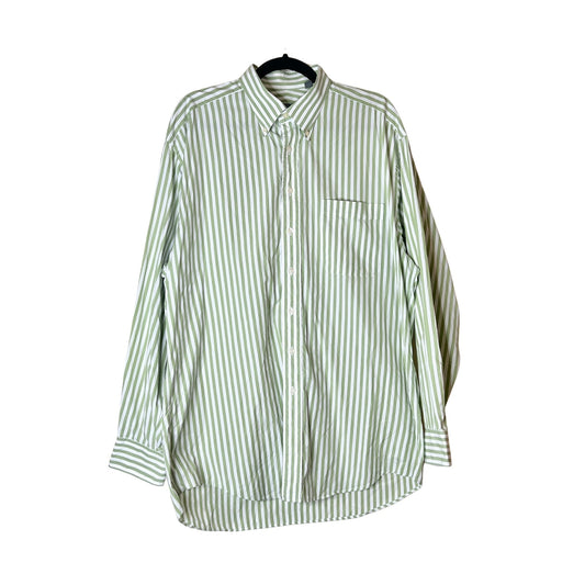 Hickey Freeman Mens Dress Shirt 17-35 Green White Striped Classic Preppy Business Casual