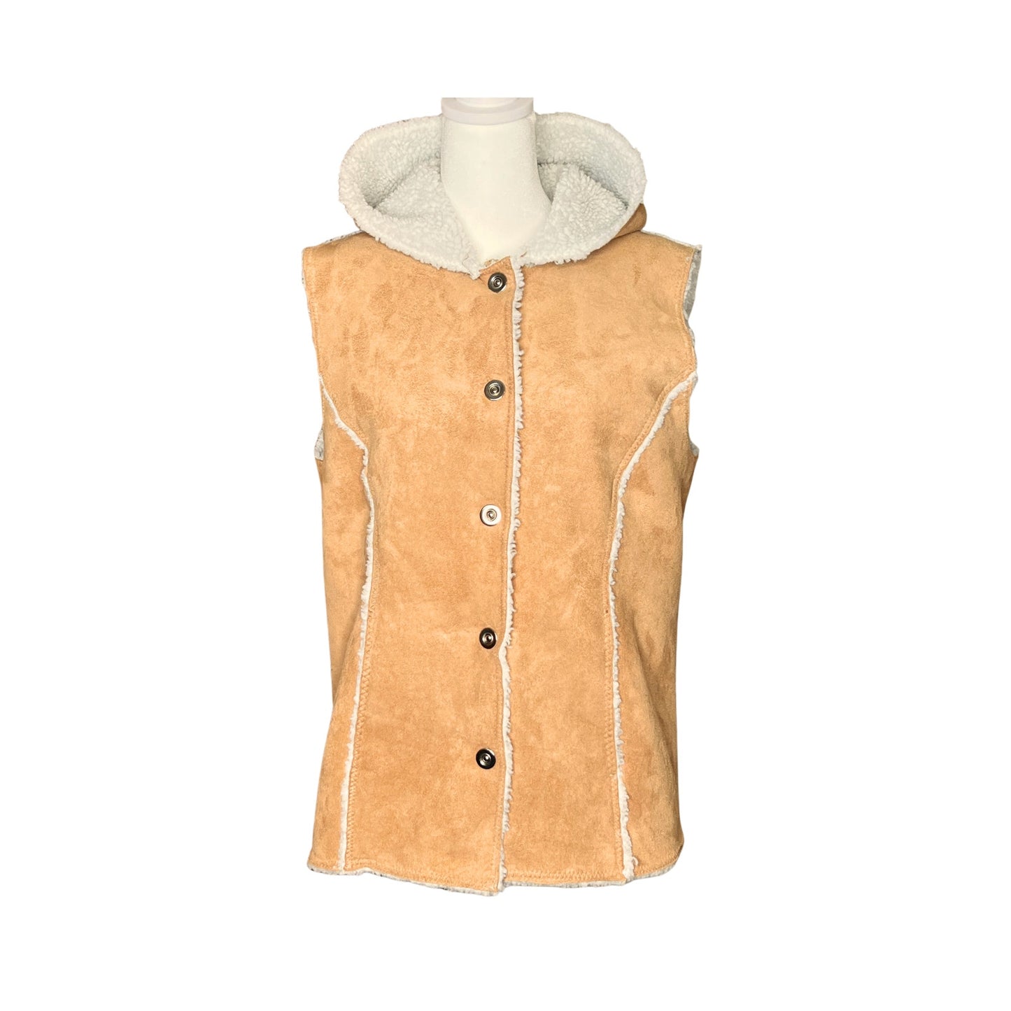 Vintage Y2K Denim & Co Womens Faux Suede Sherpa Vest Size S Camel Brown Hooded Boho Western