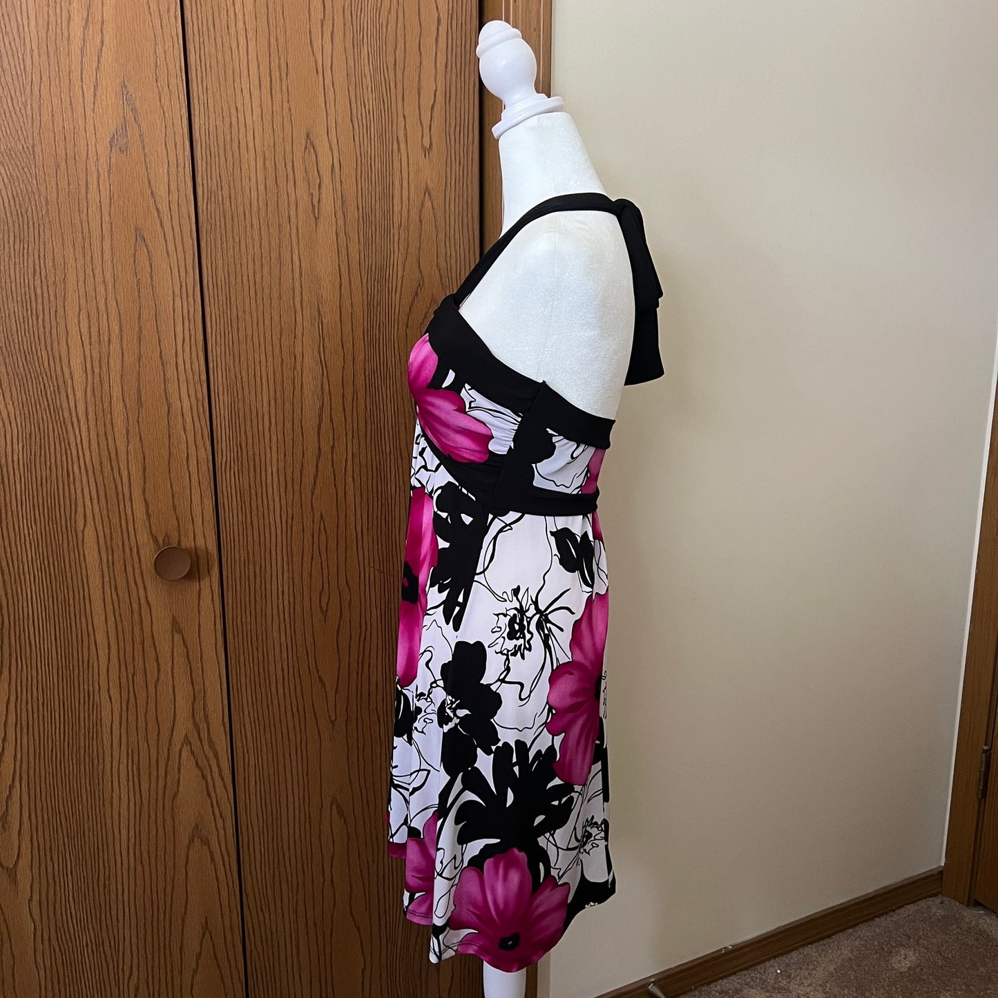 Vtg Y2K Babydoll Halter Dress Size S Black Pink Floral Slinky Feminine Fairy Resort