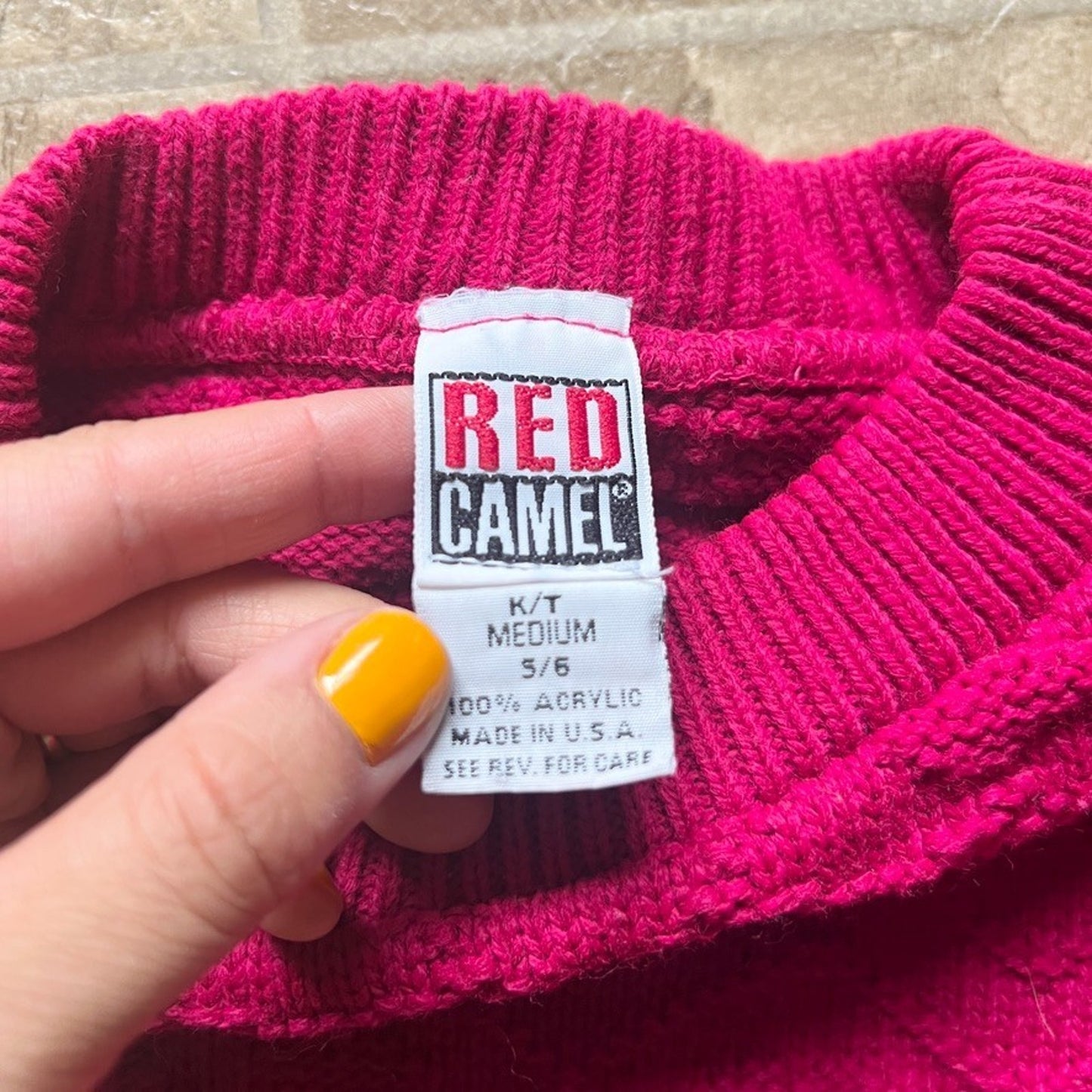 Vtg 80s Red Camel Girls Knit Sweater 5/6 Raspberry Pink Geometric Vibrant Cozy