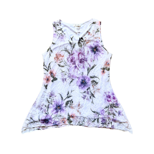 Womens Lace Tank Top Size M Floral Watercolor Layered Asymmetric Hem Rhinestones Y2K Fairy Cottagecore