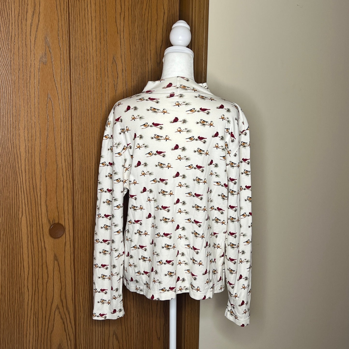 Croft & Barrow Bird Print Mock Neck Long Sleeve XL White Multi-color Christmas Holiday Nature