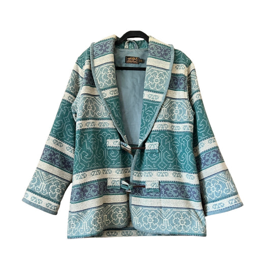 Vintage 80s Eddie Bauer Womens Wool Blanket Coat Size Petite M Blue Tribal Aztec Print Shawl Collar Toggle Buttons Southwestern Cabincore