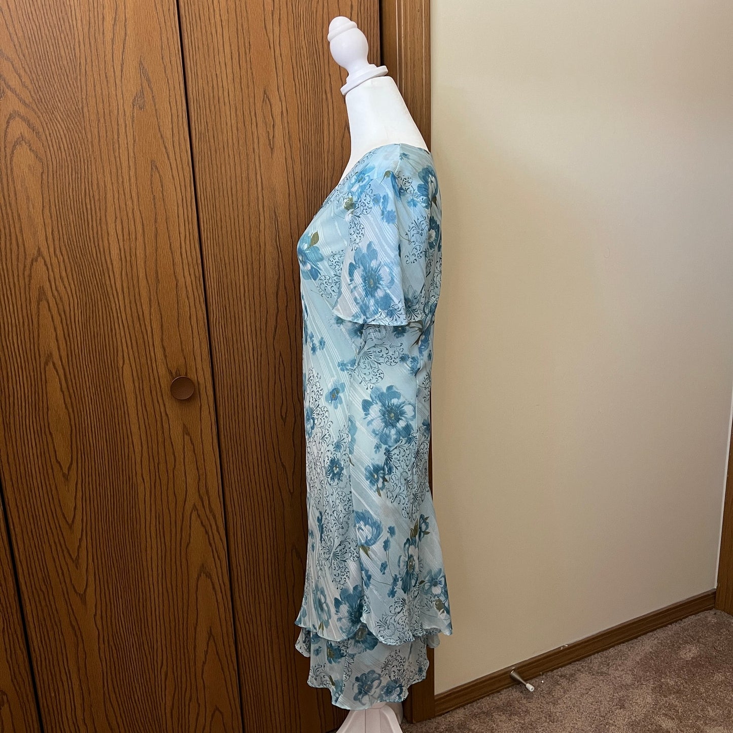 Vtg 90s R&M Richards Midi Dress Size 12P Blue Floral Fairy Whimsical Romantic