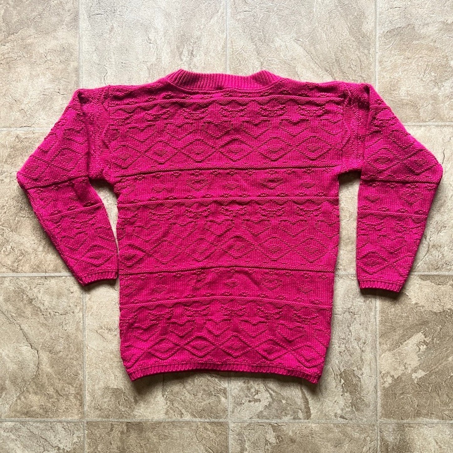 Vtg 80s Red Camel Girls Knit Sweater 5/6 Raspberry Pink Geometric Vibrant Cozy