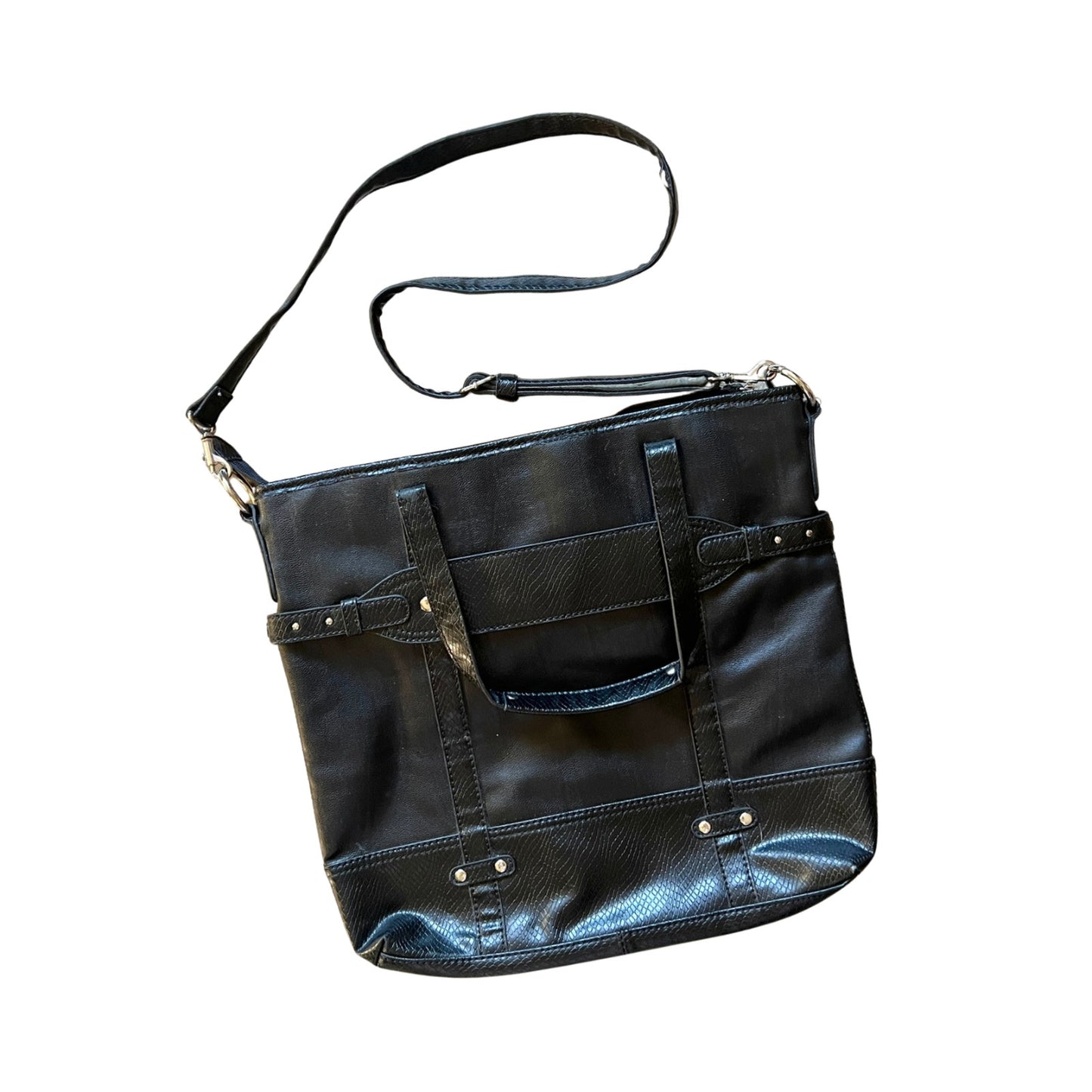 Vtg Y2K Liz Claiborne Black Faux Leather Tote Bag Removable Straps Work Business