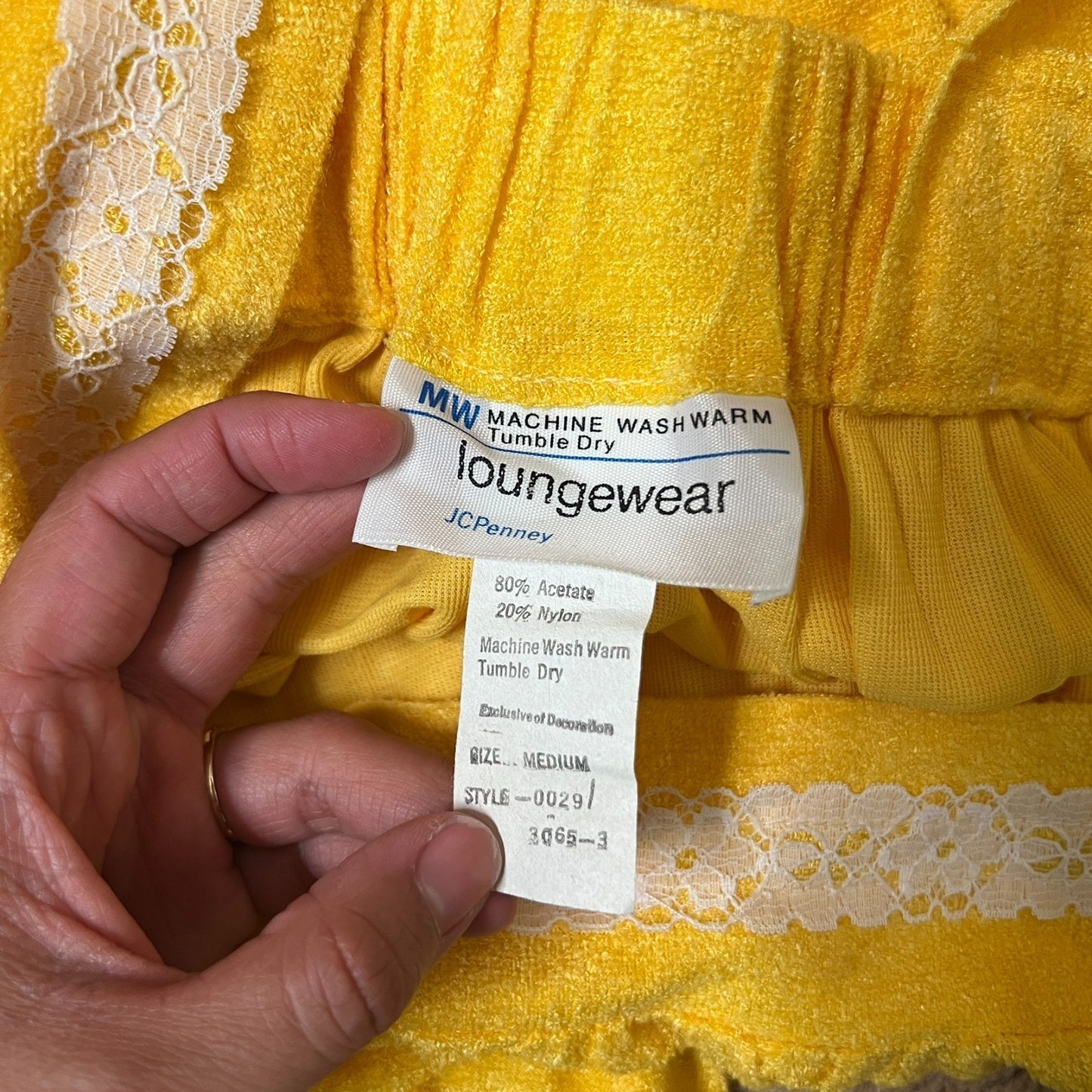 Vtg 70s JCPenney Terrycloth Lounge Dress M Yellow Lace Boho Mod Resort Summer