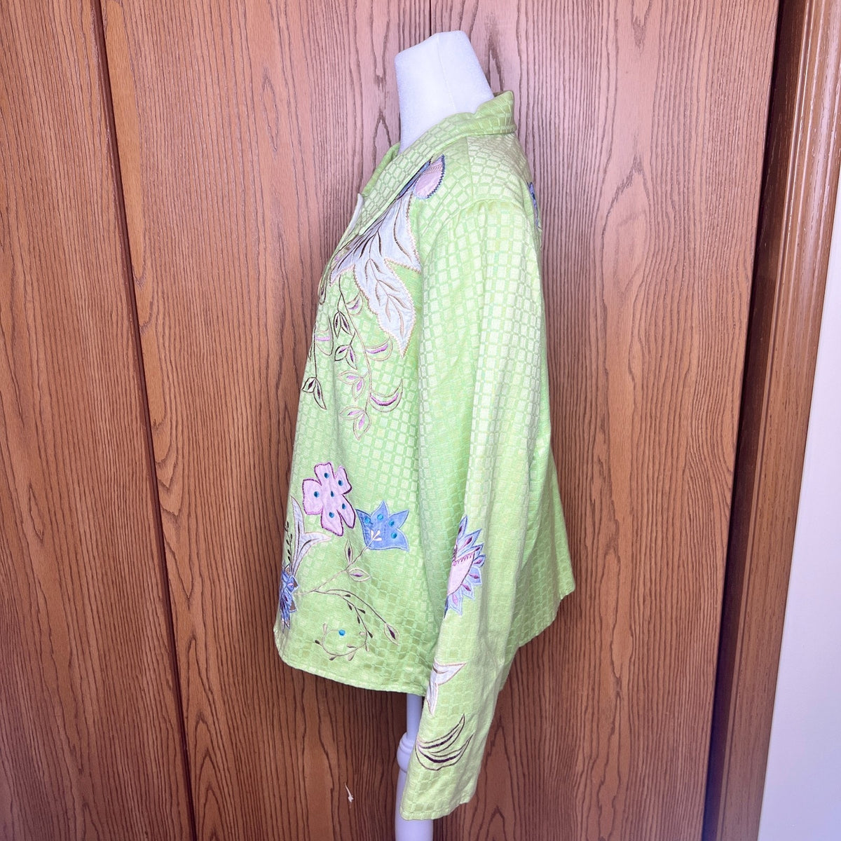 Vintage Embroidered Floral Jacket L Green Embroidered Art to Wear Whimsical Boho
