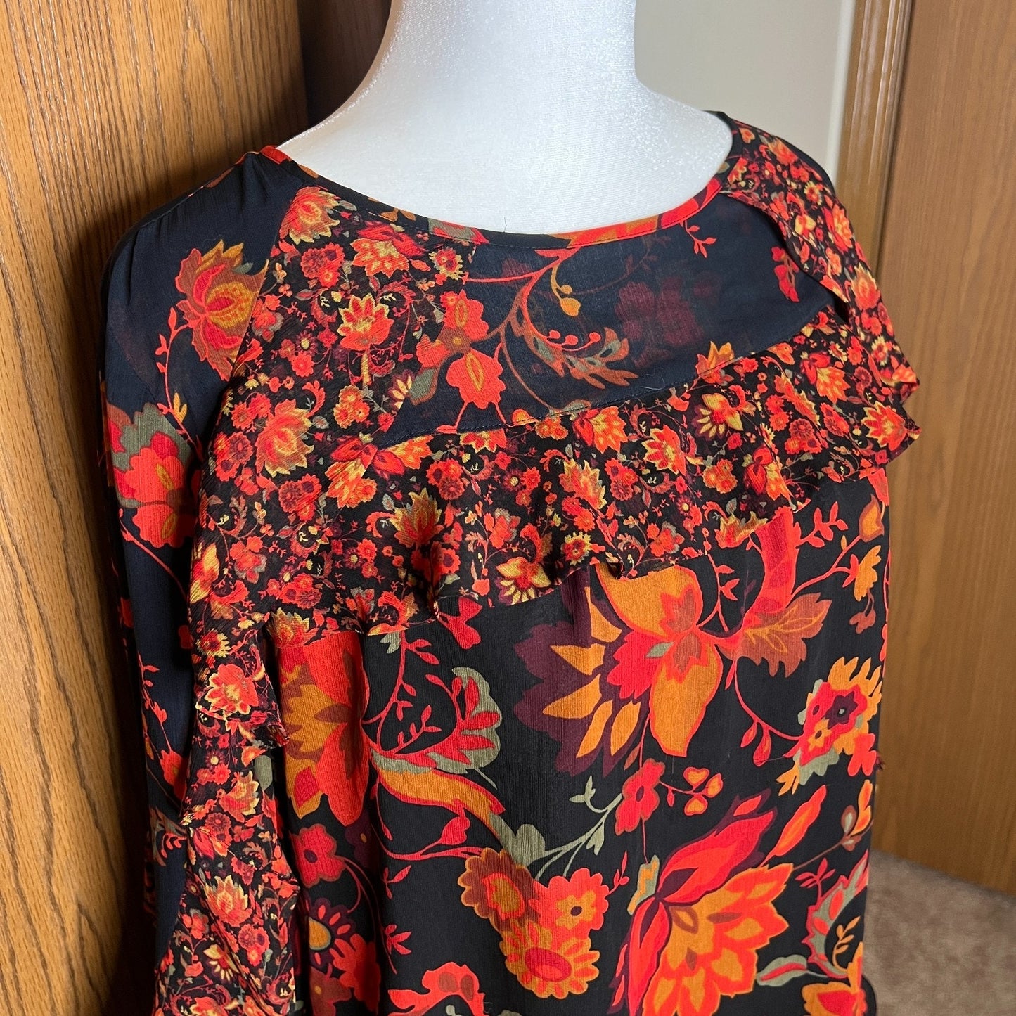 Loft Floral Ruffled Blouse M Black Multi-color Boho Whimsigoth Romantic Hippie