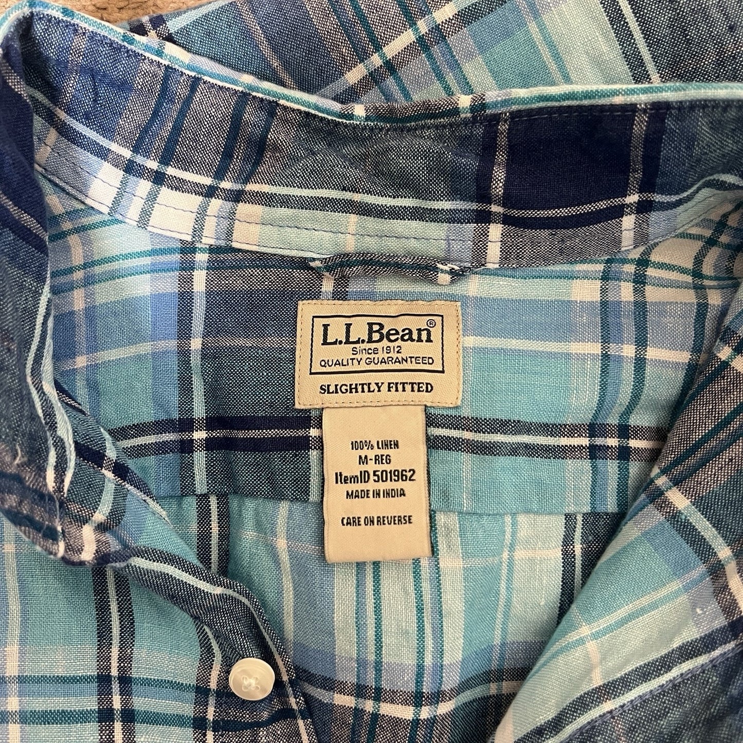 L.L. Bean Mens 100% Linen Slightly Fitted Button-up M Blue Plaid Classic Outdoor