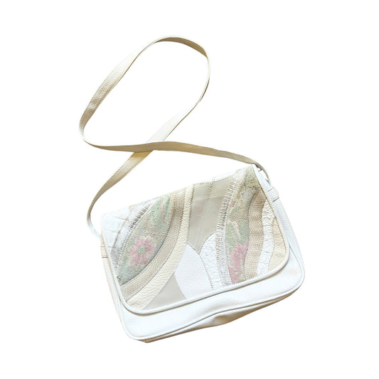 Vintage Leather Patchwork Shoulder Bag White Pastel Multi-color Floral Cottagecore Grannycore