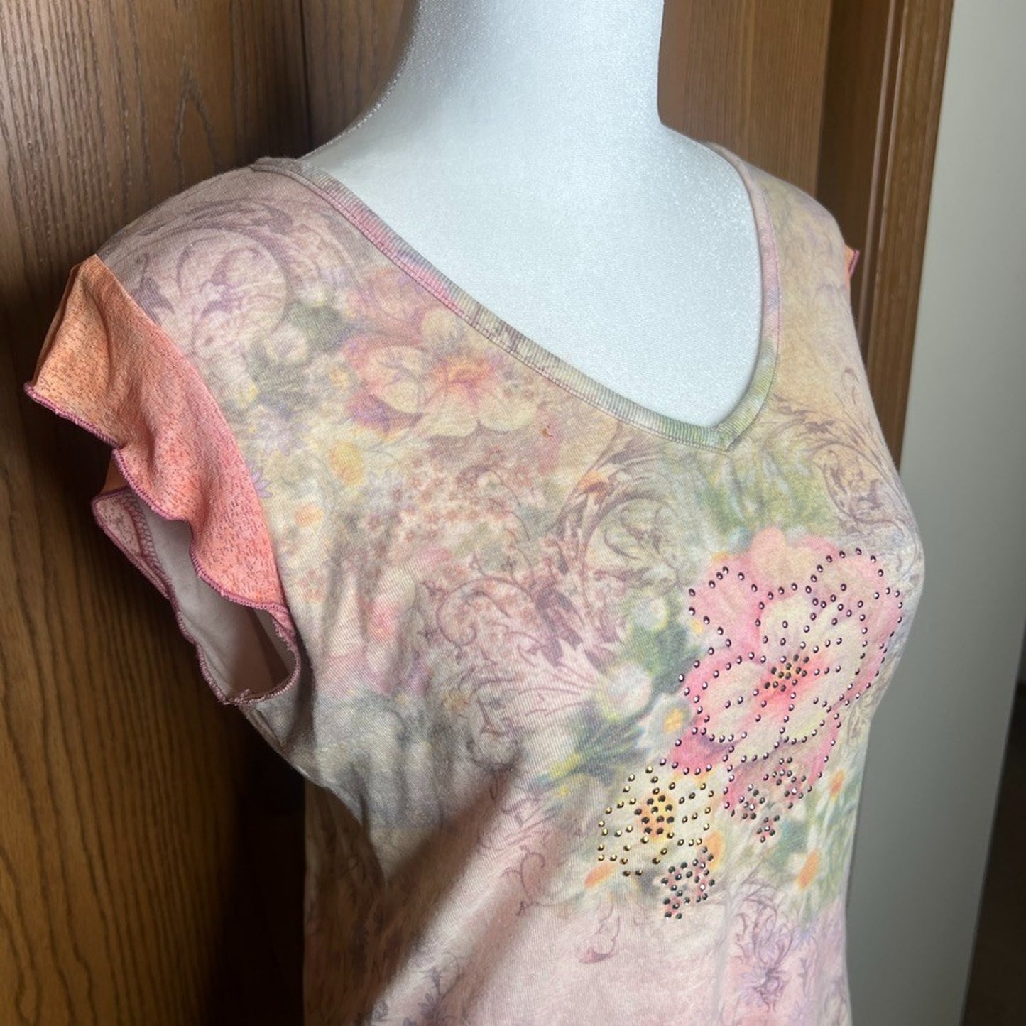 Vtg Y2K One World Top M Multi-color Floral Rhinestones Euro Fairy Festival Artsy