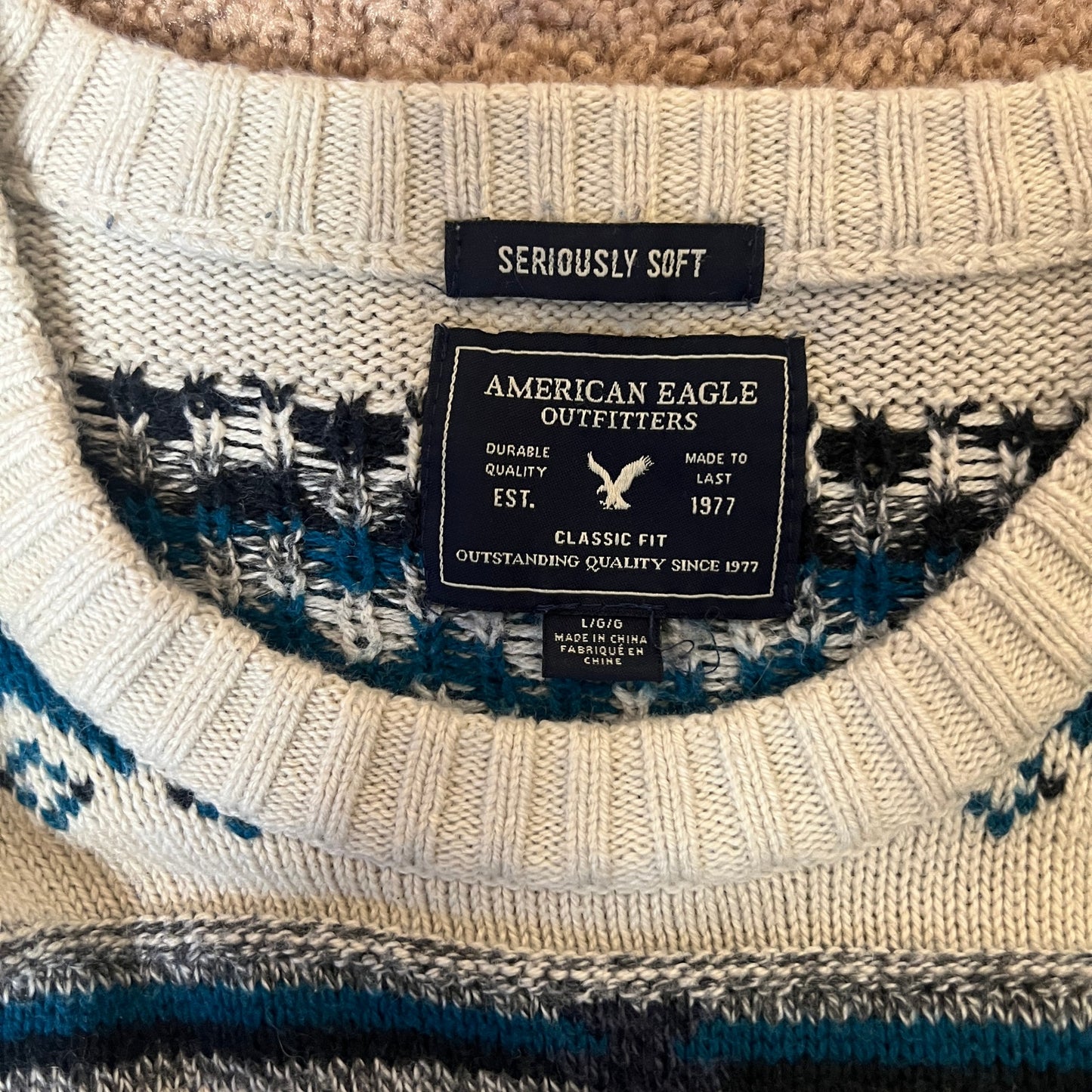American Eagle Mens Sweater Size L Cream Gray Blue Fair Isle Nordic Holiday Winter Classic