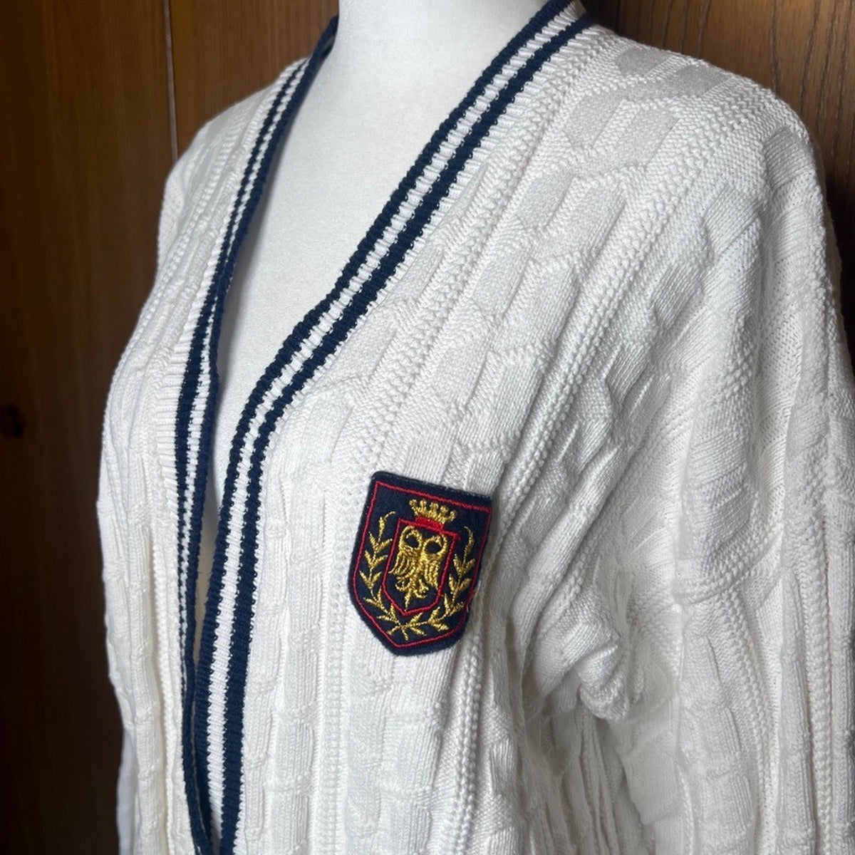 Vtg 90s Wet Seal Varsity Cardigan Sweater Cable Knit Preppy Collegiate Old Money