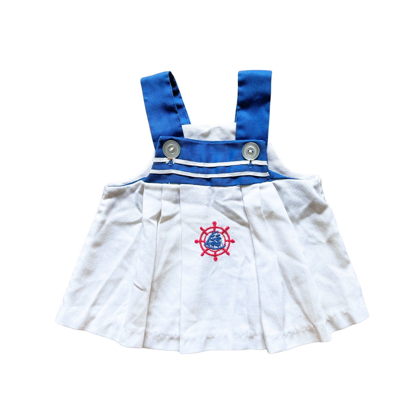 Vtg 80s Baby Sailor Nautical Pinafore Dress Embroidered Beachy Coastal Americana