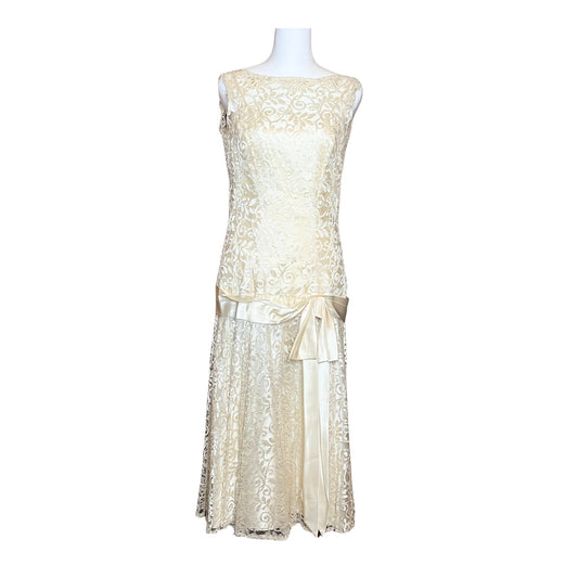 Vintage 70s Womens Maxi Dress Champagne Gold Lace Drop Waist Satin Ribbon Formal Bridal