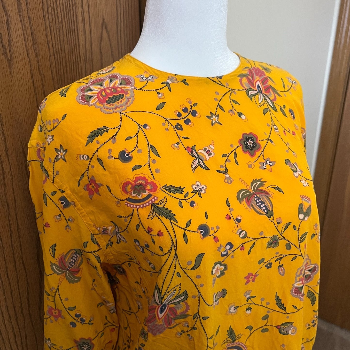 Vtg Liz Claiborne 100% Silk Blouse Mustard Yellow Paisley Floral Boho Maximalist