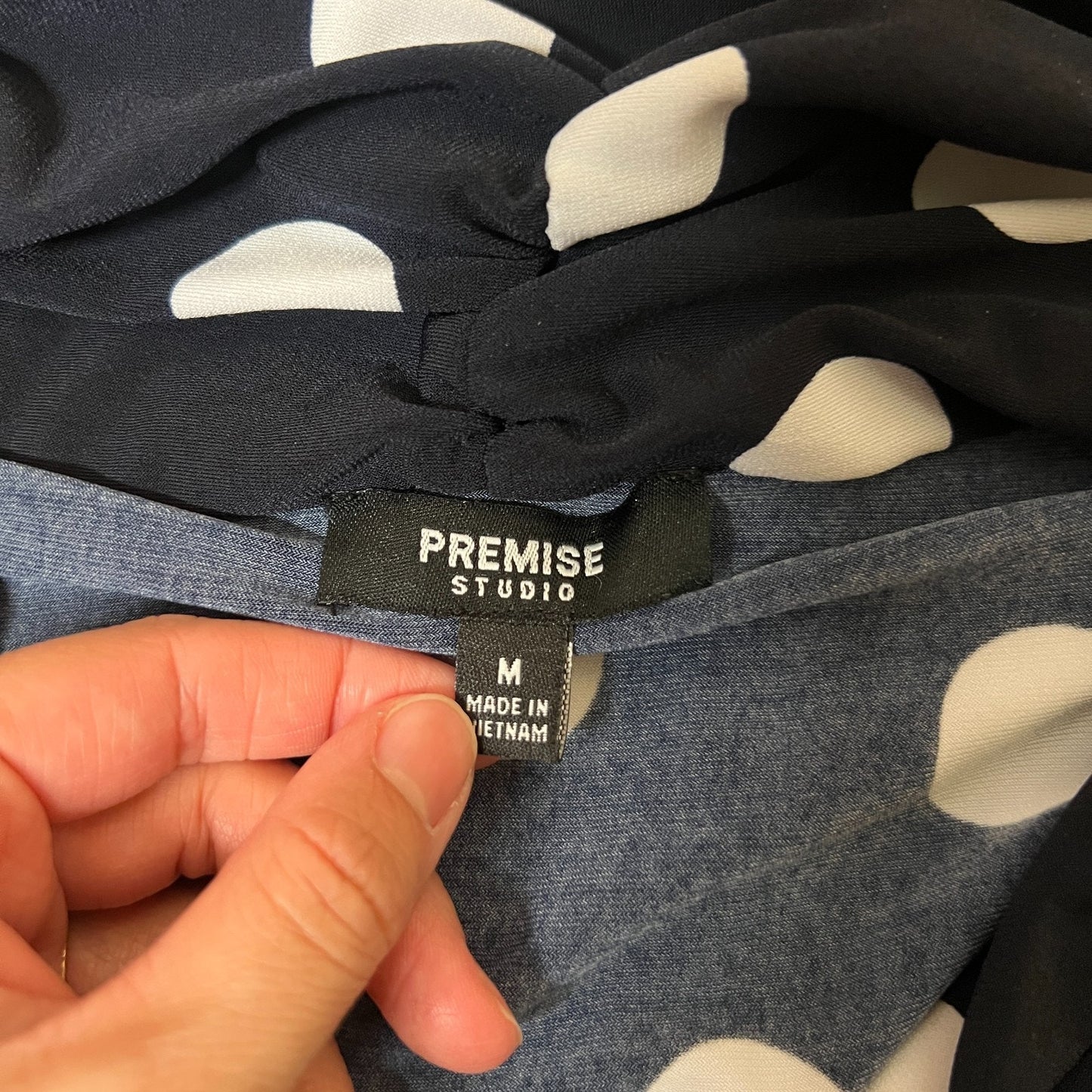 Premise Studio Polka Dot Top M Navy Ruched Slinky Twee Preppy Nautical Classic