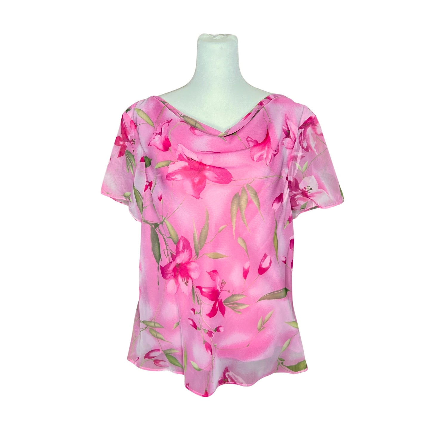 Vtg Deadstock 90s Womens Floral Top 16 Pink Cowl Neck Whimsical Fairy Artsy Boho
