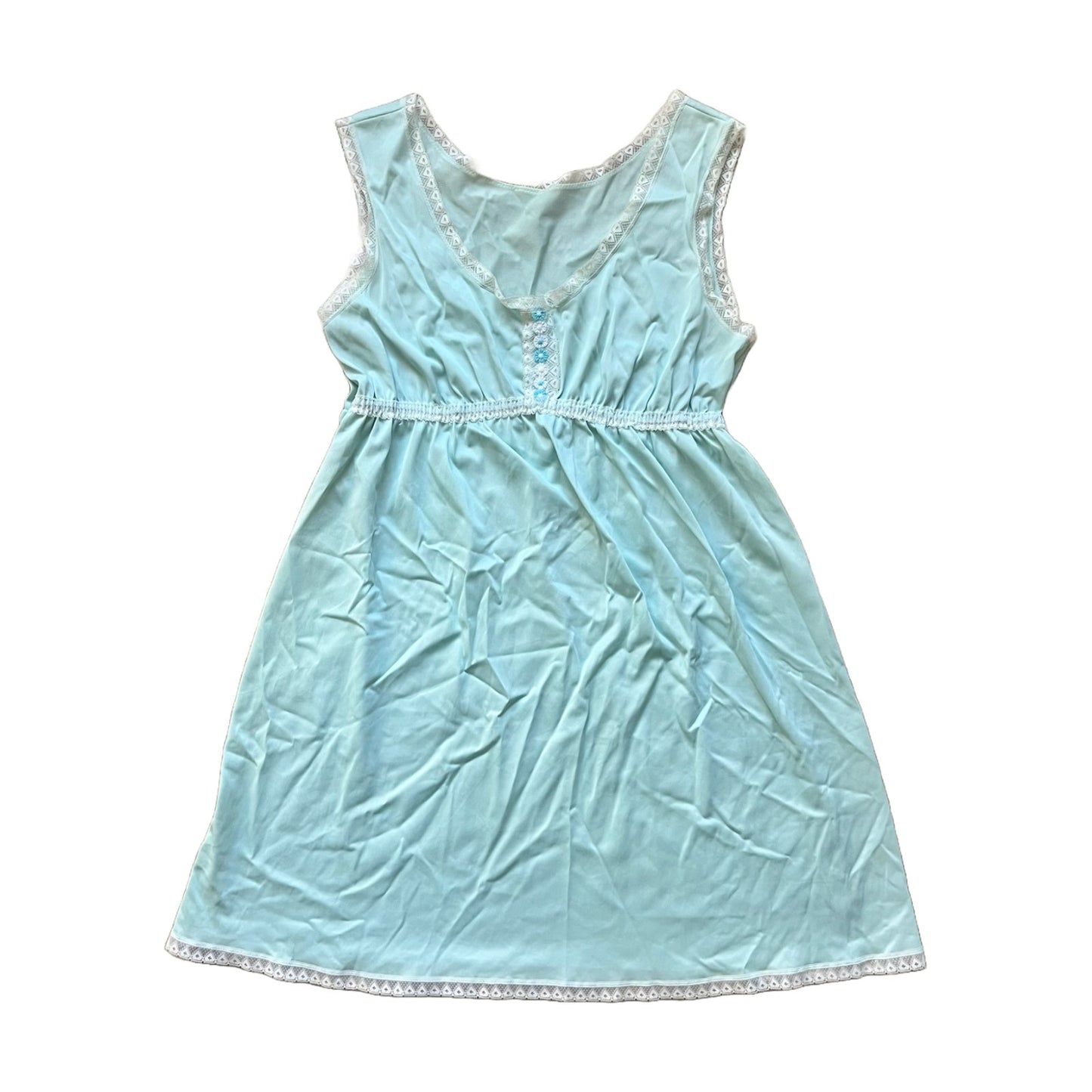 Vintage 60s Babydoll Slip Dress M Blue Lace Trim Coquette Fairy Dainty Feminine