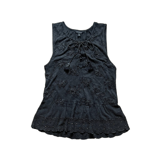 Lucky Brand Womens Beaded Embroidered Tank Top Size XS Black Tassle Tie Front