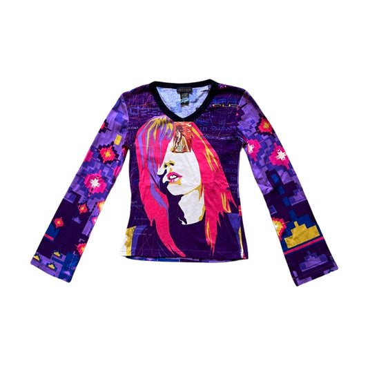 Vintage Deadstock Y2K Hayes Custo Barcelona Womens Top Size S Purple Multi-color All Over Print Fitted Euro Rave Festival Artsy