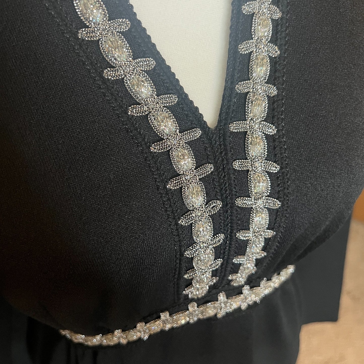 Vintage 70s Womens Black Maxi Dress Embellished Tinsel Empire Waist Witchy Whimsigoth