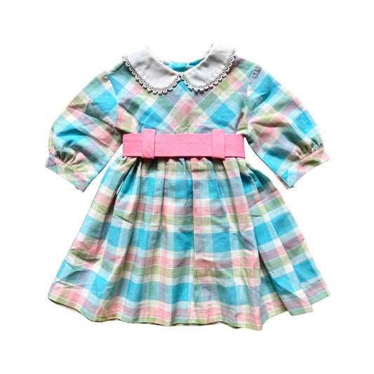 Vtg 70s Toddler Dress Madras Plaid Peter Pan Collar Cottagecore Kitsch Preppy