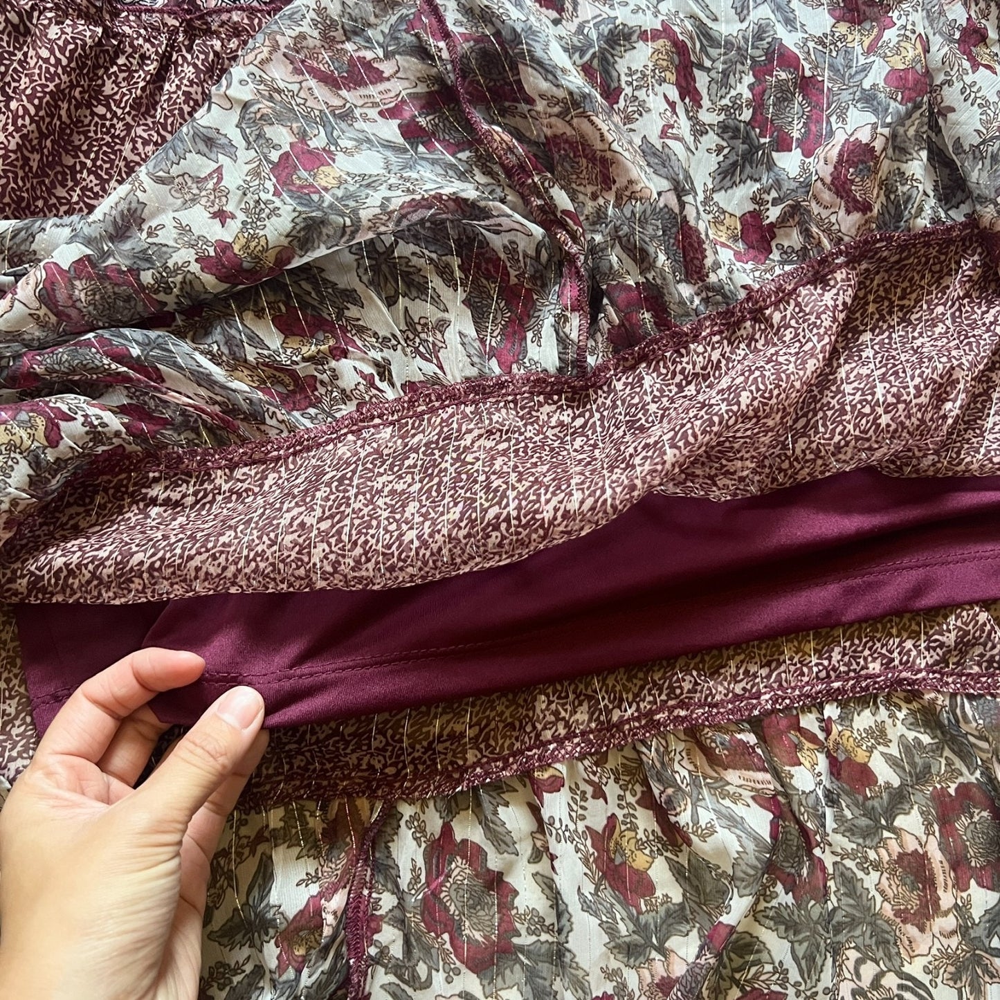Sweet Magna Womens Maxi Dress Burgundy Purple Paisley Mixed Pattern Smocked