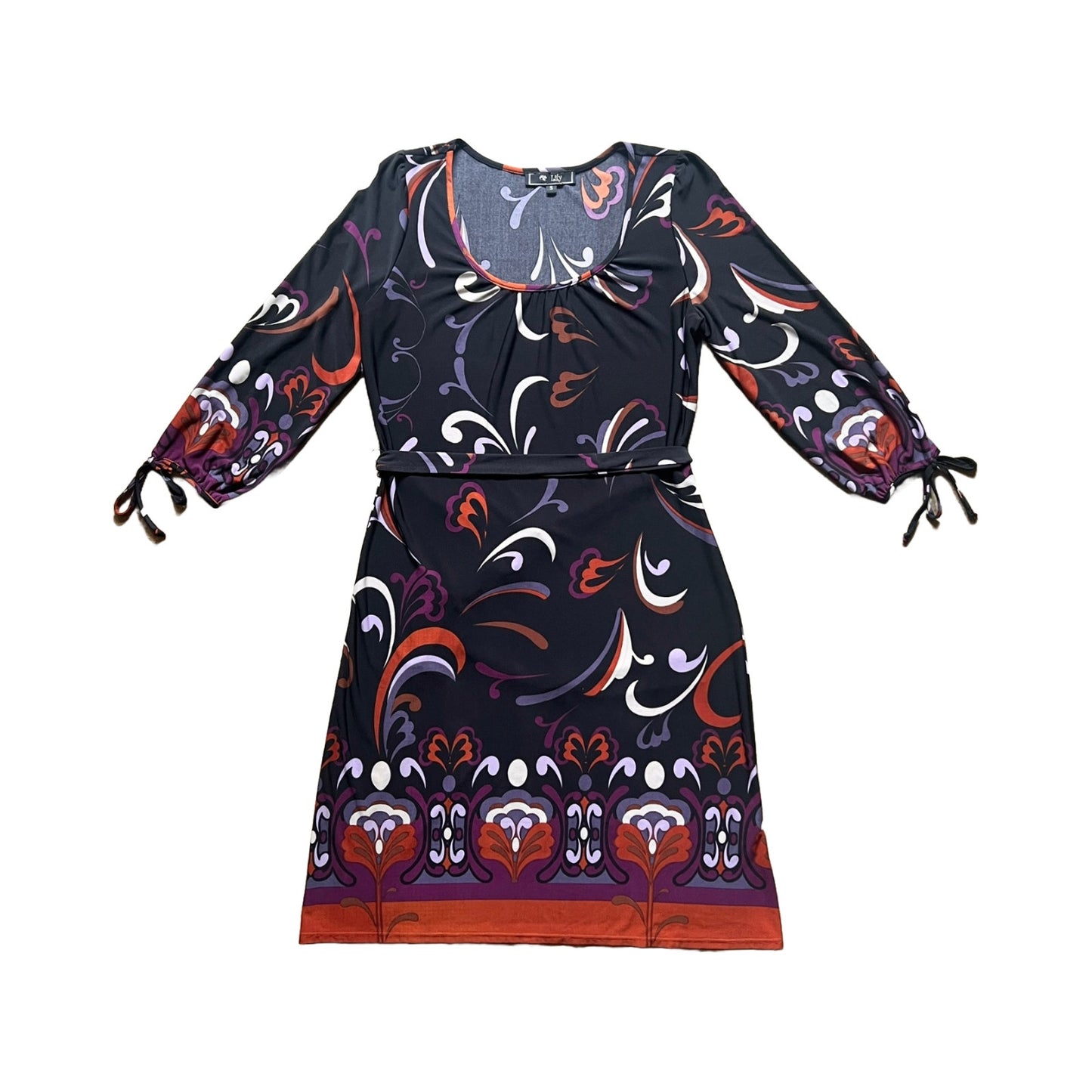 Lily Womens 70s Inspired Shift Dress Black Multi-color Swirl Abstract Pattern Mod Artsy